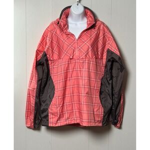 AGU Womens Pink Plaid Quarter Zip Windbreaker Cycling Rain Coat Hooded Sz XL